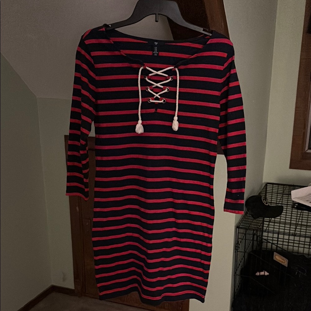 Navy and Red Striped Lace-Up Dress